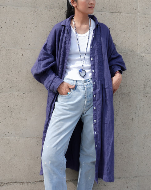 Linen Tuck Shirt Dress / Khakibeige・Frenchblue